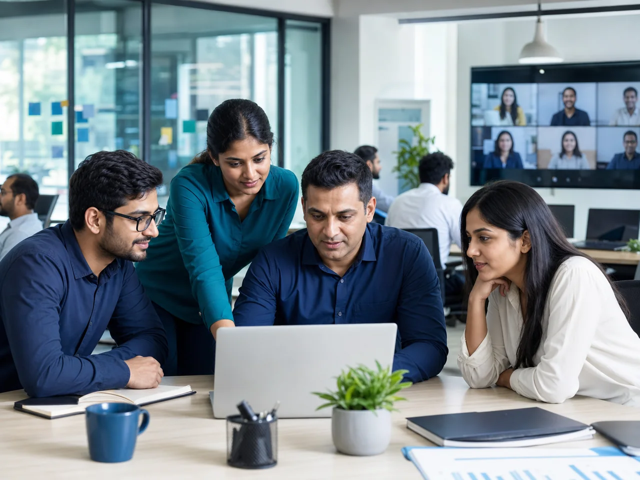 Software team collaborating in a modern office
