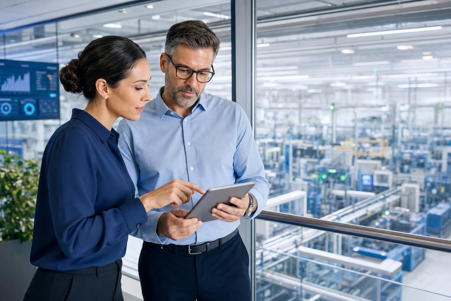 Manufacturing operations managers reviewing workforce information
