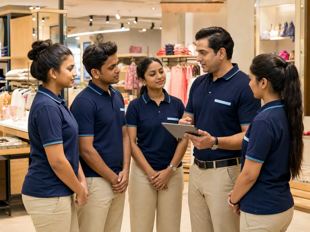 Retail supervisor briefing a store team